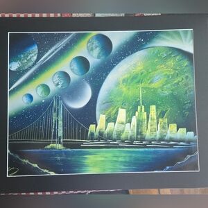 Neon Green & Blue Futuristic Cityscape Spray Wall Art